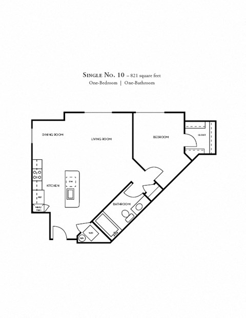 Floor plan for 1 bed, 1 bath, 821 sqft